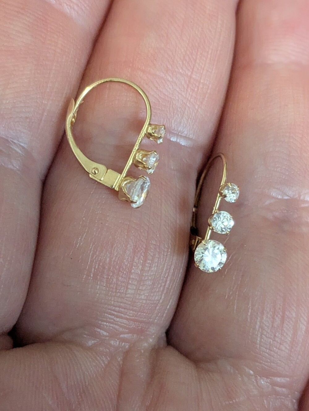 14k Yellow Gold 3 CZ Stone Diamond Simulant Drop Huggie Earrings - Picture 7 of 13